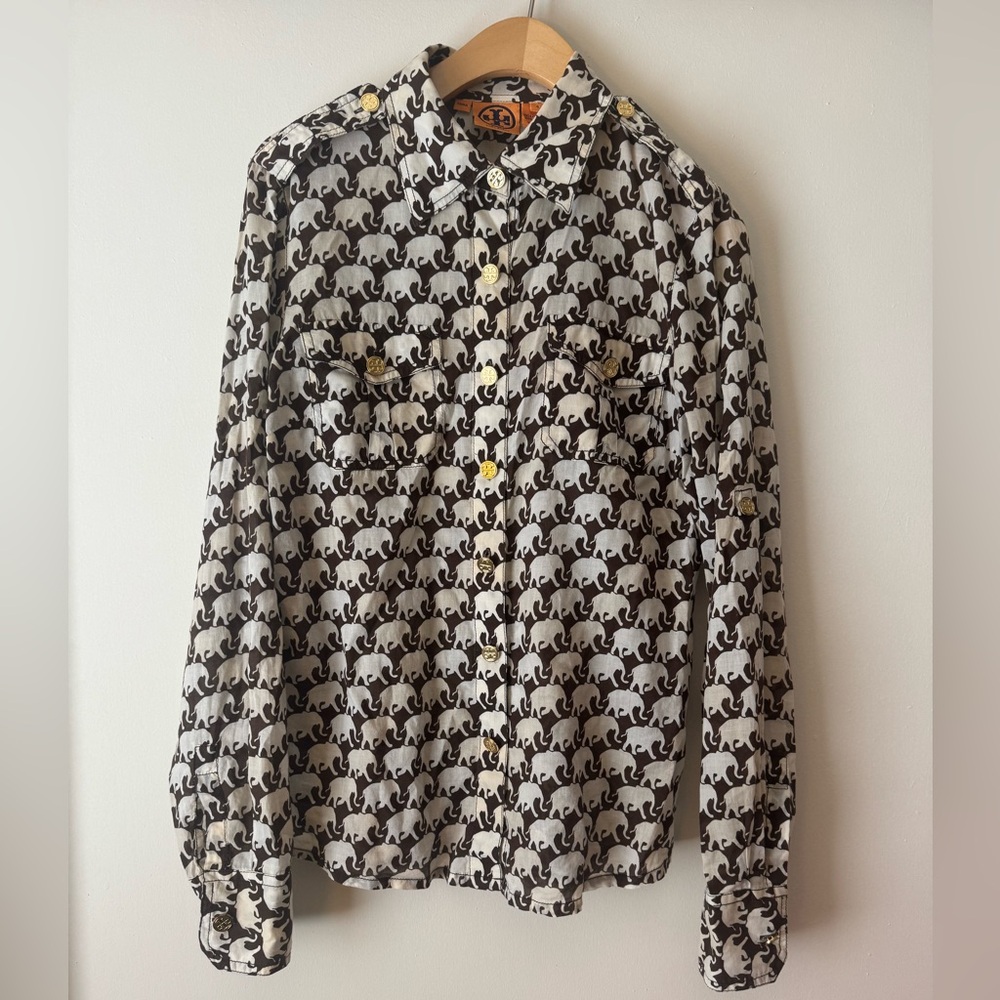 Tory Burch Black and White Elephant Print Shirt